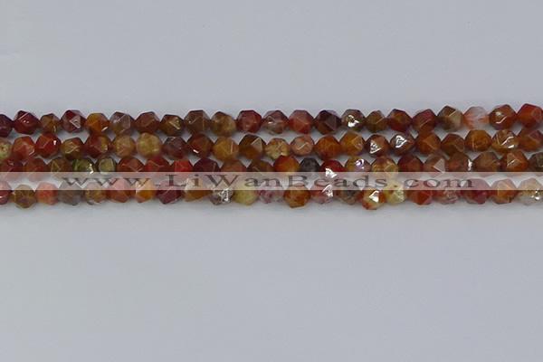 CAA1000 15.5 inches 6mm faceted nuggets red moss agate beads