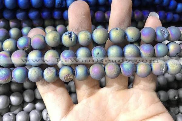 CAA1318 15.5 inches 10mm round matte plated druzy agate beads