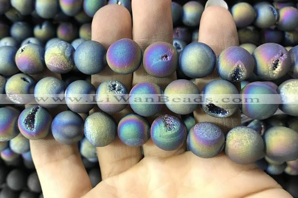 CAA1379 15.5 inches 16mm round matte plated druzy agate beads