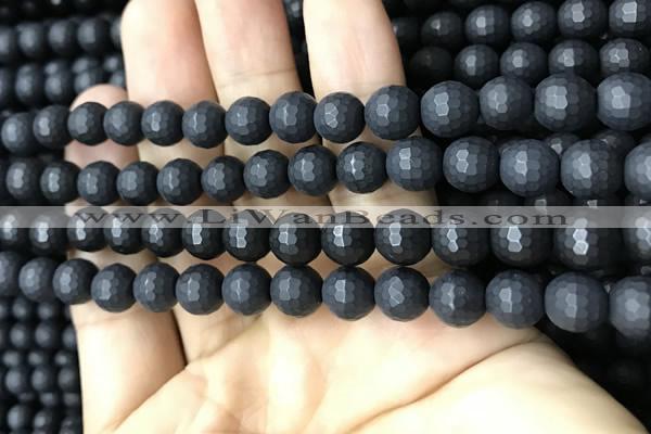 CAA2439 15.5 inches 8mm faceted round matte black agate beads