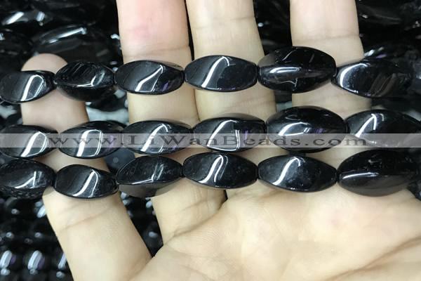 CAA2484 15.5 inches 10*20mm twisted rice black agate beads