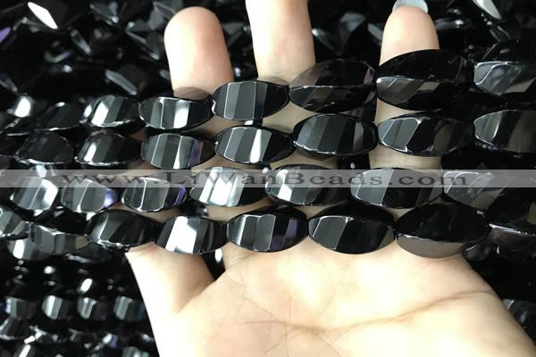 CAA2492 15.5 inches 10*20mm faceted & twisted rice black agate beads