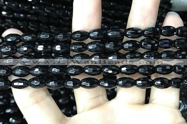 CAA2498 15.5 inches 6*9mm faceted rice black agate beads wholesale