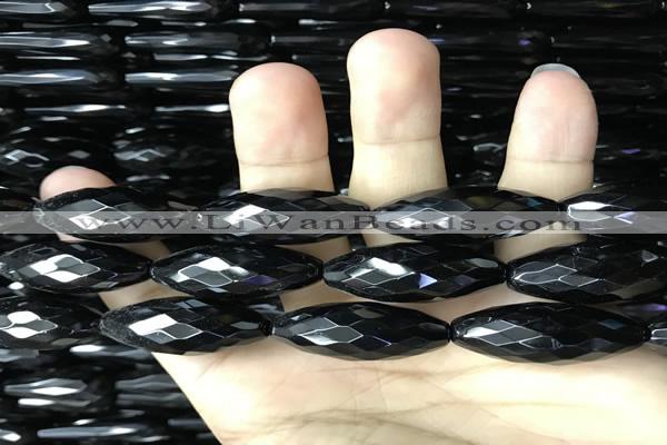 CAA2506 15.5 inches 10*30mm faceted rice black agate beads wholesale