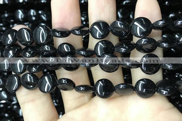 CAA2527 15.5 inches 12mm flat round black agate beads wholesale