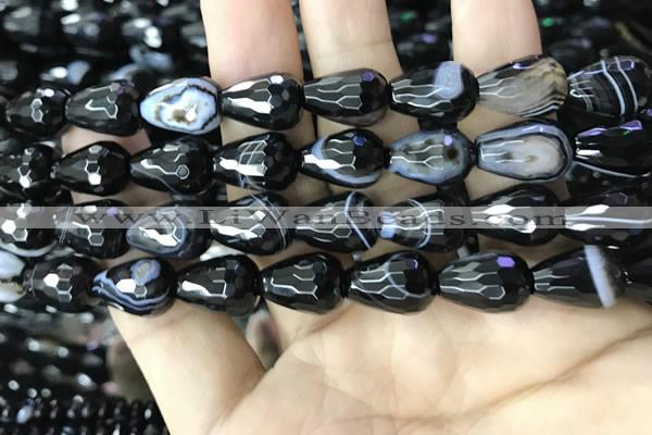 CAA2654 15.5 inches 13*18mm faceted teardrop banded black agate beads