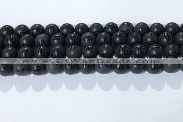 CAA3662 15.5 inches 10mm round matte & carved black agate beads