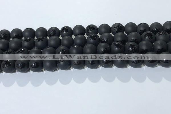 CAA3666 15.5 inches 8mm round matte & carved black agate beads