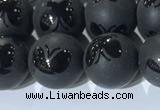 CAA3667 15.5 inches 10mm round matte & carved black agate beads