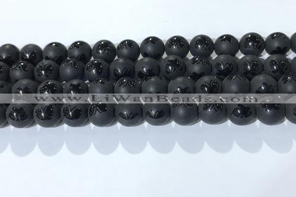 CAA3667 15.5 inches 10mm round matte & carved black agate beads