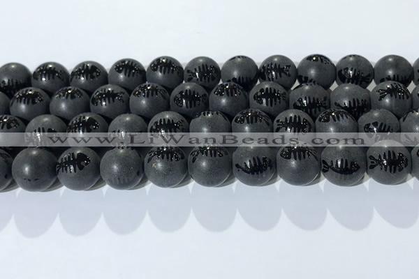 CAA3673 15.5 inches 12mm round matte & carved black agate beads