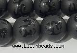 CAA3676 15.5 inches 8mm round matte & carved black agate beads