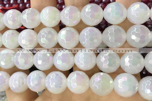 CAA5623 15 inches 12mm faceted round AB-color white agate beads