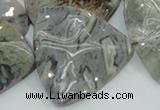 CAB580 15.5 inches 40*40mm wavy triangle silver needle agate beads