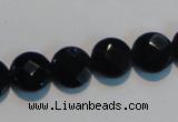 CAB809 15.5 inches 12mm faceted coin black gemstone agate beads