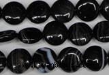 CAG2992 15.5 inches 12mm flat round black line agate beads