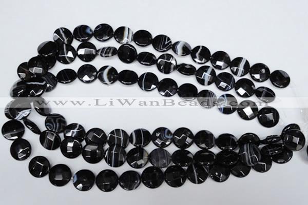 CAG3073 15.5 inches 14mm faceted coin black line agate beads