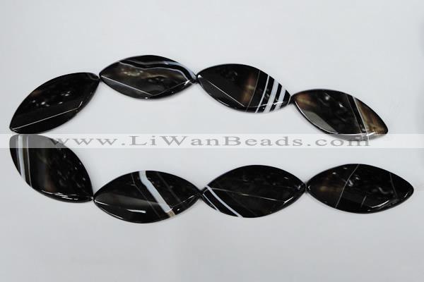 CAG3095 15.5 inches 25*50mm faceted & twisted oval black line agate beads