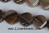 CAG3152 15.5 inches 16mm twisted coin brown line agate beads