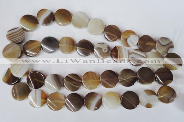 CAG3154 15.5 inches 20mm twisted coin brown line agate beads