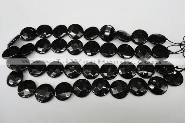 CAG4023 15.5 inches 20mm faceted coin black agate beads