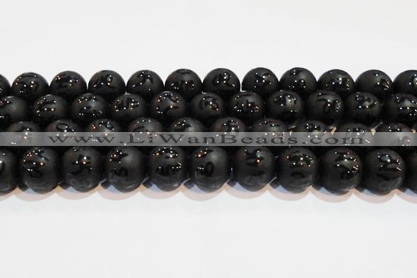 CAG6006 15.5 inches 16mm carved round matte black agate beads