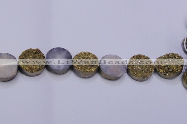 CAG7939 7.5 inches 28mm flat round plated white druzy agate beads