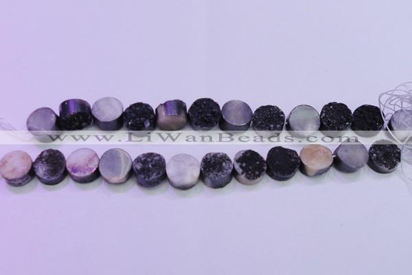 CAG8377 7.5 inches 18mm coin black plated druzy agate beads