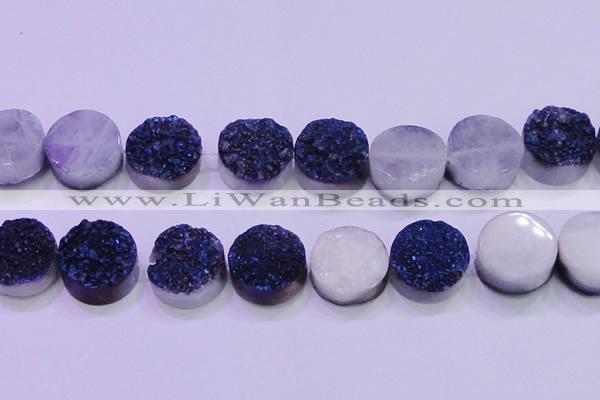 CAG8406 7.5 inches 30mm coin blue plated druzy agate beads