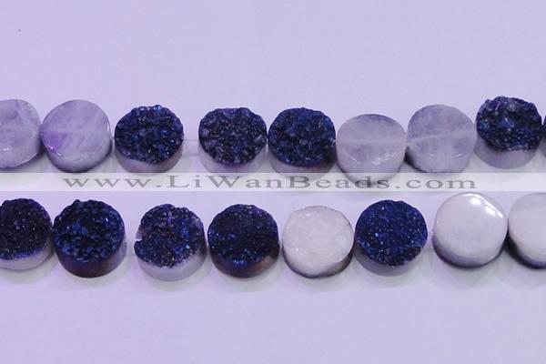 CAG8416 7.5 inches 35mm coin blue plated druzy agate beads