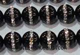 CAG8630 15.5 inches 8mm round black agate with rhinestone beads