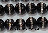 CAG8631 15.5 inches 10mm round black agate with rhinestone beads