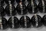 CAG8632 15.5 inches 12mm round black agate with rhinestone beads