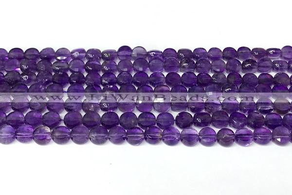 CCB1414 15 inches 6mm faceted coin amethyst beads