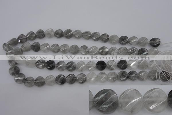 CCQ272 15.5 inches 12mm faceted & twisted coin cloudy quartz beads