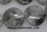 CCQ275 15.5 inches 25mm faceted & twisted coin cloudy quartz beads