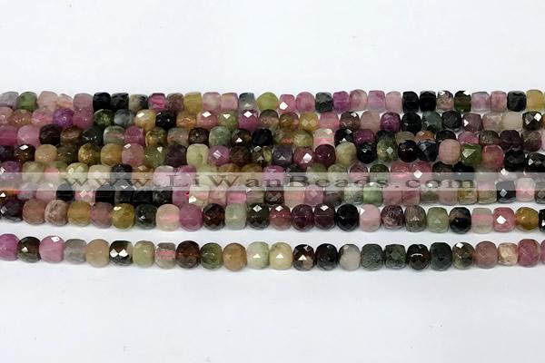 CCU1022 15 inches 4mm faceted cube tourmaline beads