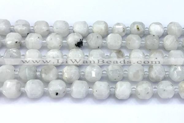 CCU1285 15 inches 9mm - 10mm faceted cube white moonstone beads