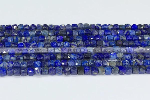 CCU854 15 inches 4mm faceted cube lapis lazuli beads