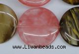 CCY214 15.5 inches 30mm flat round volcano cherry quartz beads