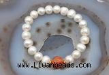 CFB1017 9mm - 10mm potato white freshwater pearl & fire agate stretchy bracelet