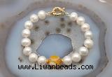 CFB1037 Hand-knotted 9mm - 10mm potato white freshwater pearl & yellow banded agate bracelet