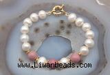 CFB1045 Hand-knotted 9mm - 10mm potato white freshwater pearl & pink wooden jasper bracelet