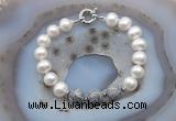 CFB1048 Hand-knotted 9mm - 10mm potato white freshwater pearl & grey picture jasper bracelet