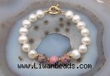 CFB1052 Hand-knotted 9mm - 10mm potato white freshwater pearl & rhodonite bracelet