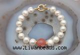 CFB1055 Hand-knotted 9mm - 10mm potato white freshwater pearl & cherry quartz bracelet