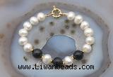 CFB1057 Hand-knotted 9mm - 10mm potato white freshwater pearl & black obsidian bracelet