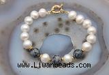 CFB1058 Hand-knotted 9mm - 10mm potato white freshwater pearl & snowflake obsidian bracelet