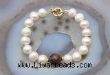 CFB1059 Hand-knotted 9mm - 10mm potato white freshwater pearl & mahogany obsidian bracelet