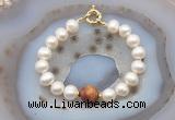 CFB1068 Hand-knotted 9mm - 10mm potato white freshwater pearl & picasso jasper bracelet